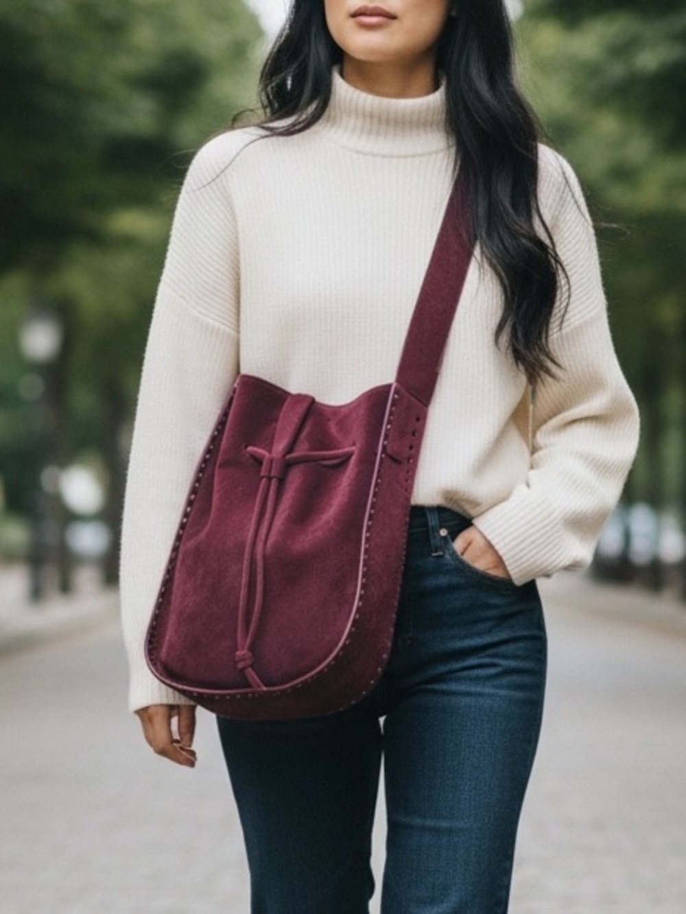 Rebecca Minkoff Nanine Oxblood Red Suede Drawstring Hobo Bucket Shoulder Bag